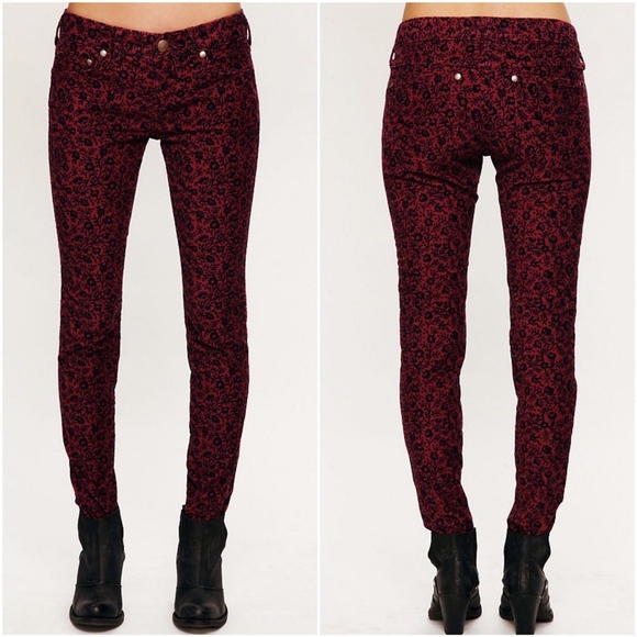 Free People Red Floral Print Skinny Corduroy Pants - Picture 2 of 8